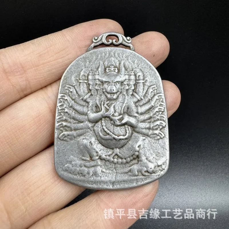 Antique Chinese iron geometric pendant ornament with Yamantaka Aryaacalanatha motif for hanging display