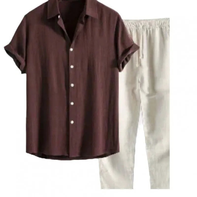 Men's casual short sleeve shirt and trousers set in linen-feel polyester fabric