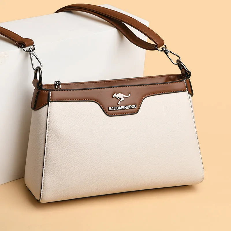 Soft PU one shoulder cross-body bag with contrast colour stitching, black colour option, horizontal square shape