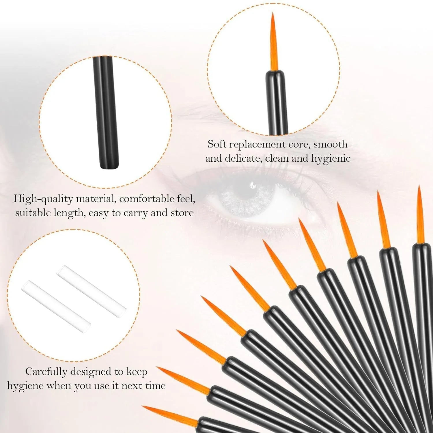 Pack of one hundred black disposable eyeliner brushes with fine point tips and plastic sleeves.