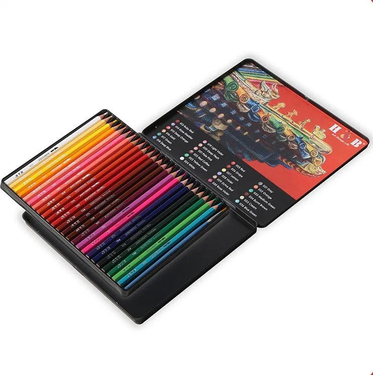 Water-soluble coloured pencil set with 24 colours in iron storage box for drawing and painting