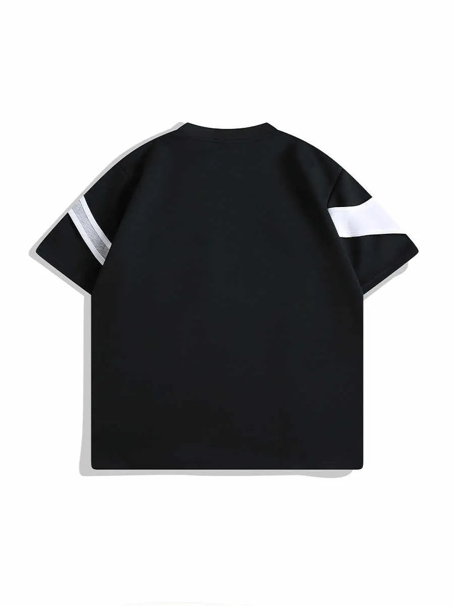 Double-layer stitched padded shoulder strap T-shirt in black loose fit with round neck collar