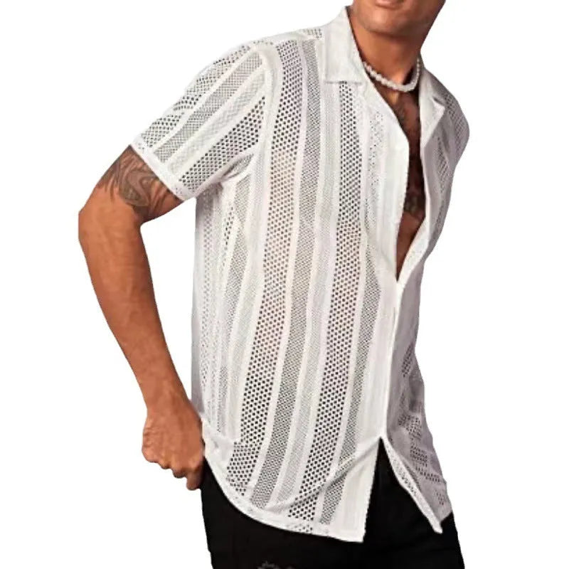 Men's short-sleeved button knitted shirt in cardigan style with jacquard texture