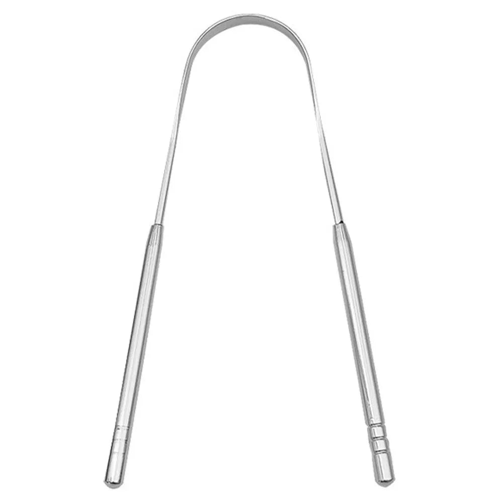 Stainless steel tongue coating cleaner set with U-shaped and spoon type scrapers in pearlescent bag packaging