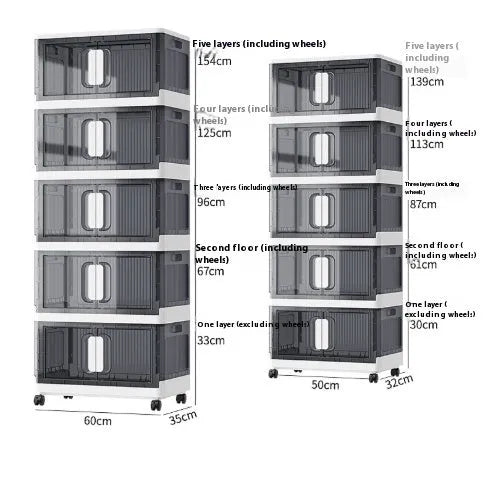 Foldable household storage locker with wheels in grey colour showing multiple storage layers