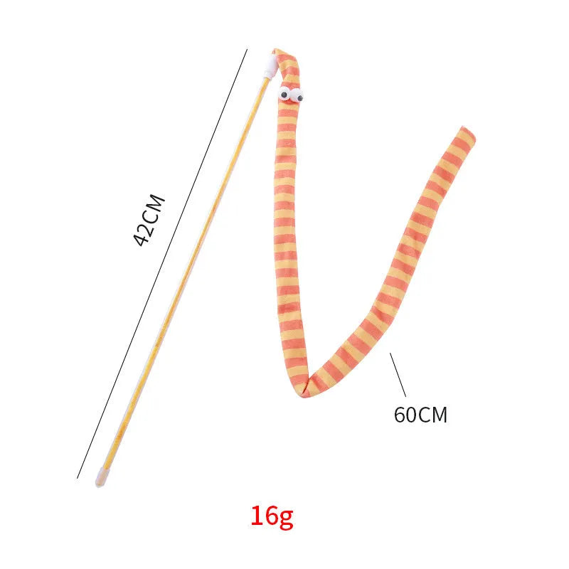 Cat wand toy with polycarbonate handle and colourful plush strip for interactive play