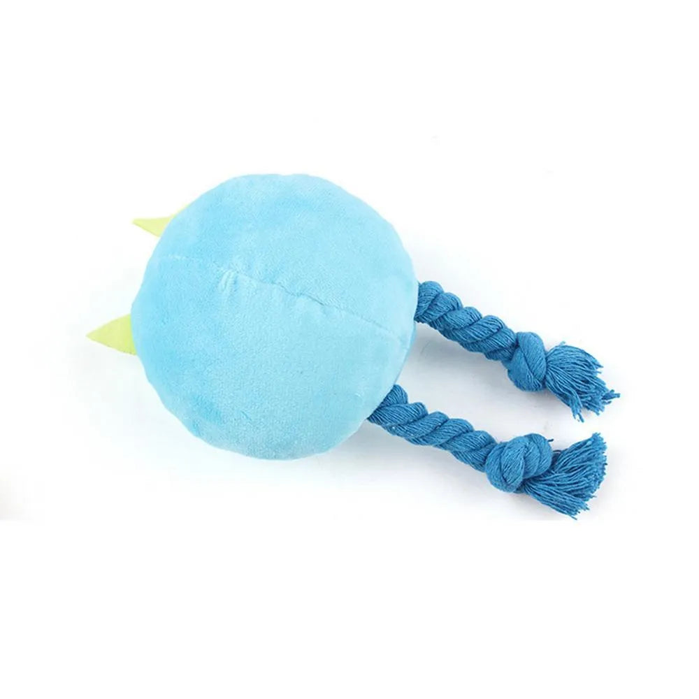 Squeaky dog toy with strong knot design, cotton rope and PP cotton filling, cartoon shape, yellow or blue