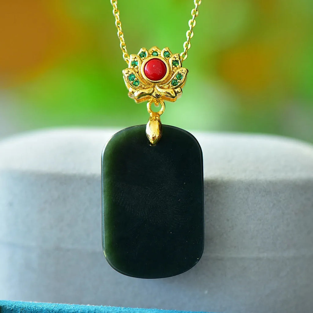 Copper inlaid natural Hetian grey jade pendant with ink blue accents on necklace