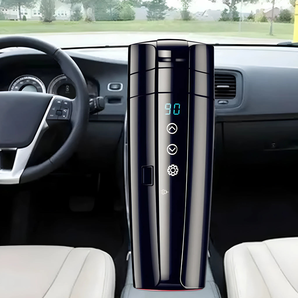 Black ABS and stainless steel electric car warm water cup with charging cable, 400ml capacity, 22cm height