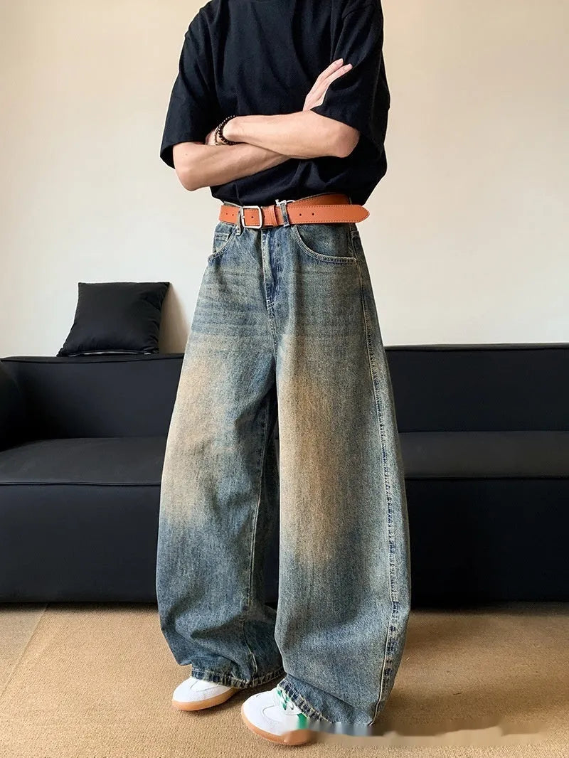 Men's retro blue distressed denim wide-leg pants with micro-elastic fabric