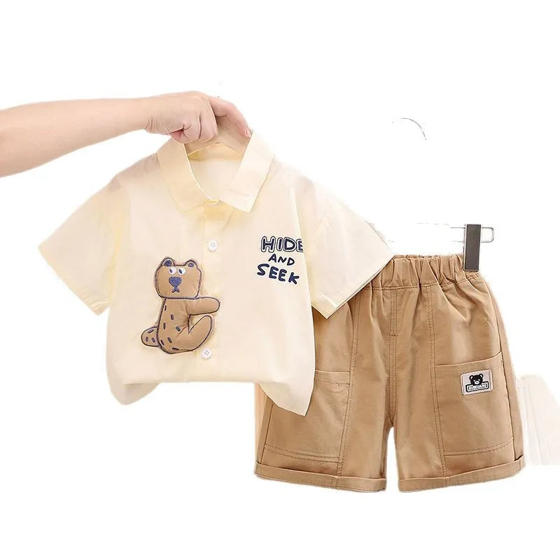 Boys cotton casual suit set with short-sleeve shirt and trousers in solid colour
