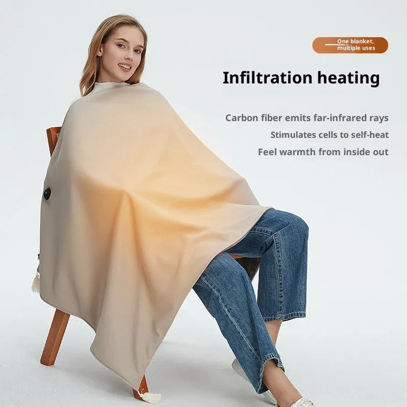 Solid-colour polyester shawl warm blanket with mobile power bank in green, red, and beige colour options