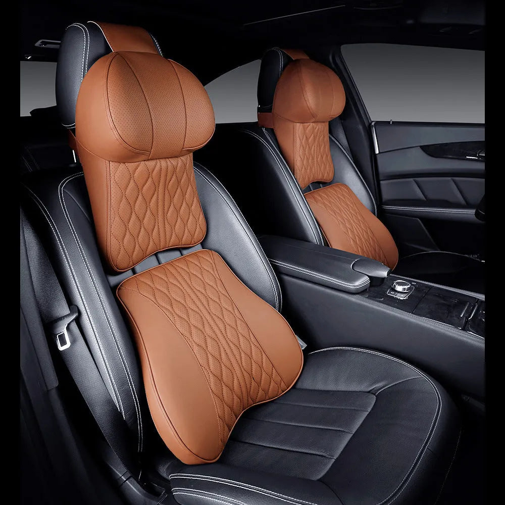 Car neck pillow and lumbar support cushion set with wavy leather embroidery pattern in beige colour