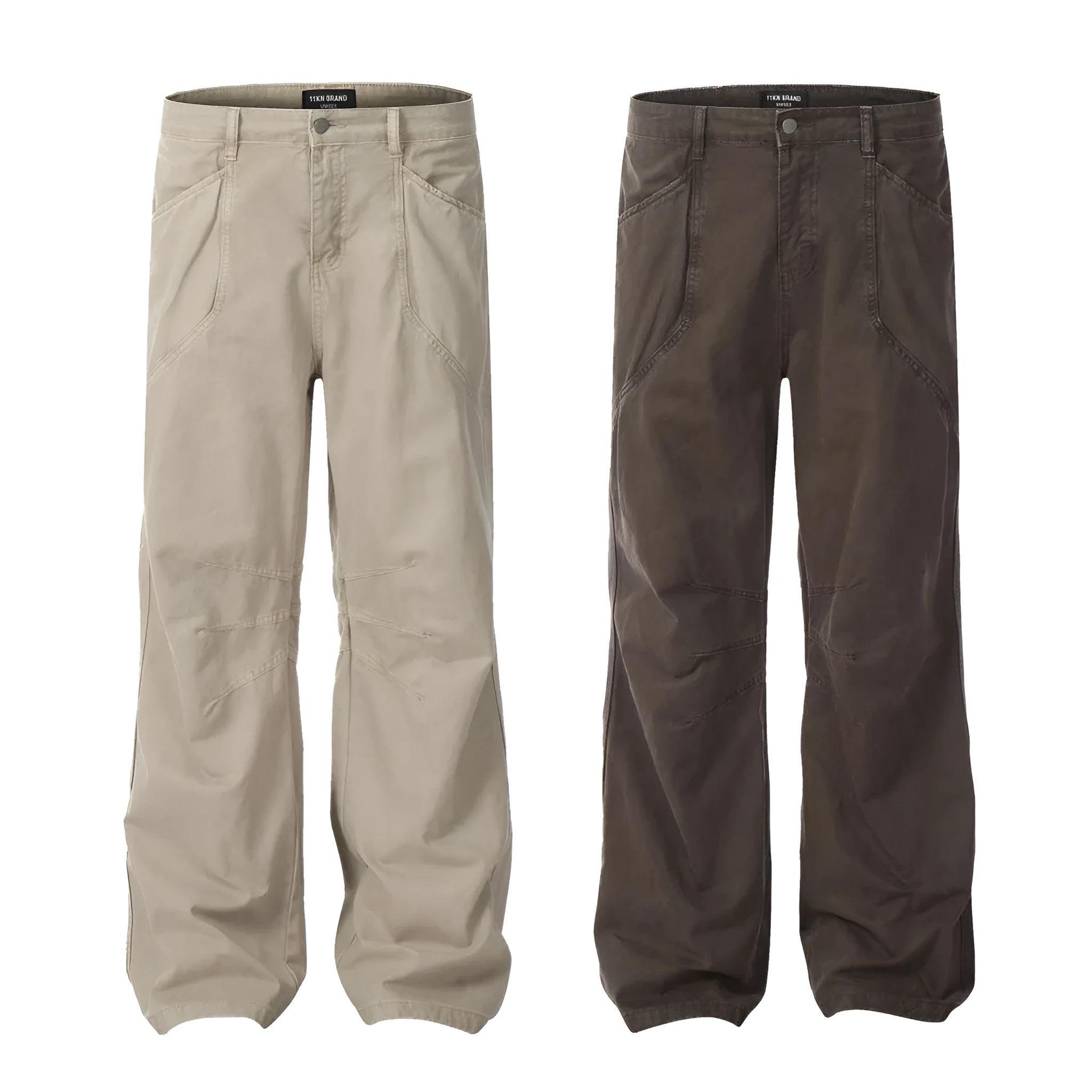 Men's loose straight wide leg jeans in brown and light khaki with high waist and zipper fly