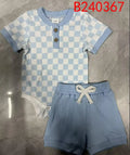 Baby two-piece cotton rompers set with polo collar and plaid triangle in green, blue, brown, black for 0-18 months
