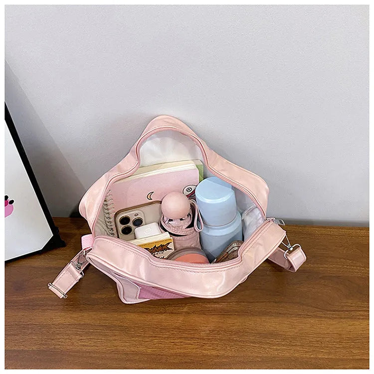 Large capacity nylon shoulder bag with transparent sandwich pocket and contrast colour detailing in fresh sweet style
