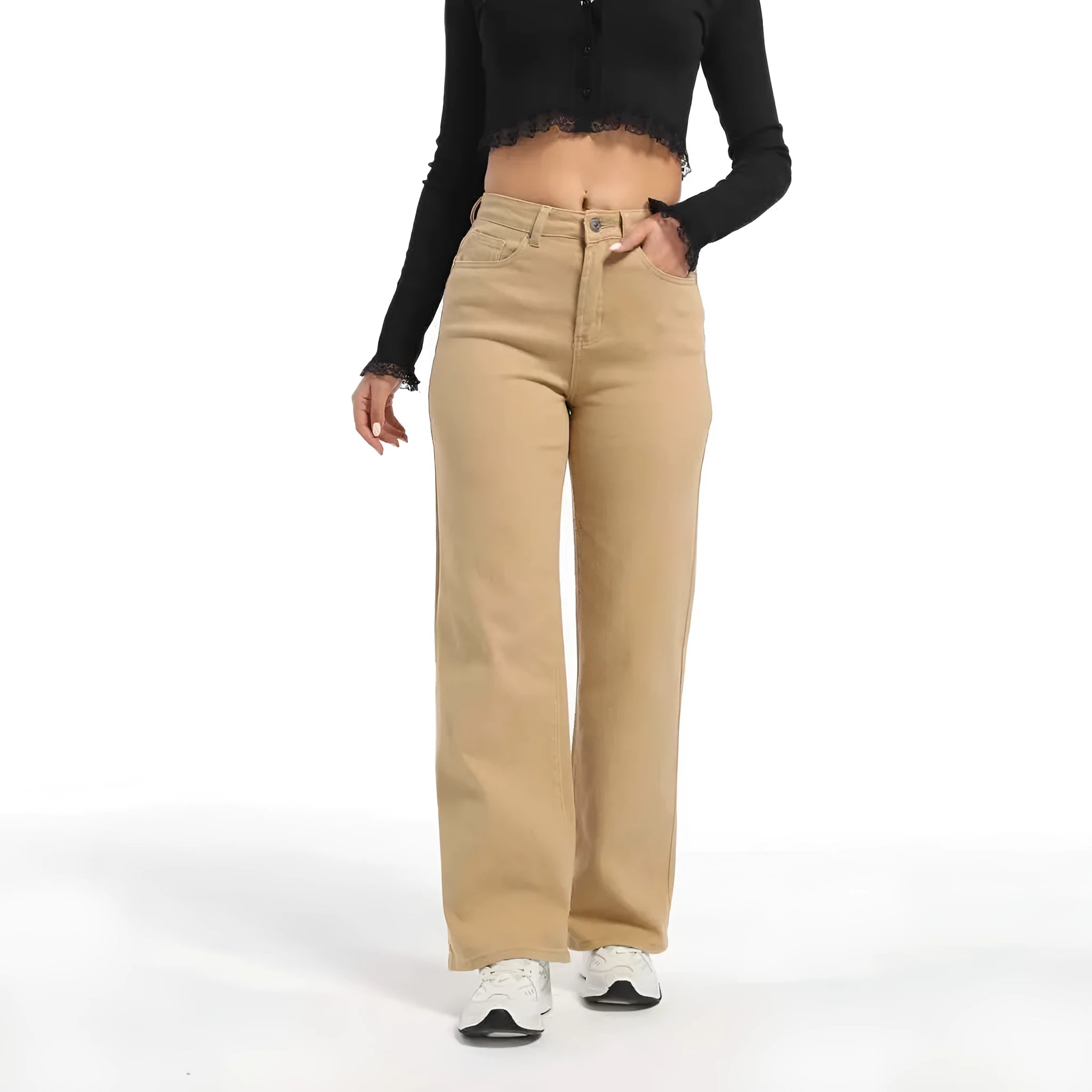 Women's apricot high-waist wide-leg straight jeans made from cotton.