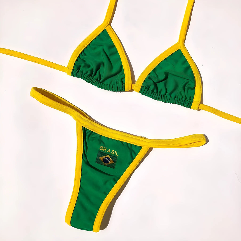 Women's yellow B-back bikini set with matching shorts on a mannequin.