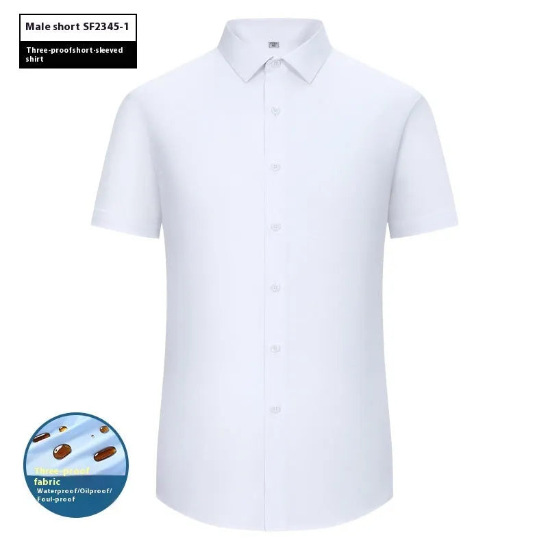 Men's slim fit bamboo fibre business shirt in a solid colour with square collar, shown in waterproof and stain resistant fabric.