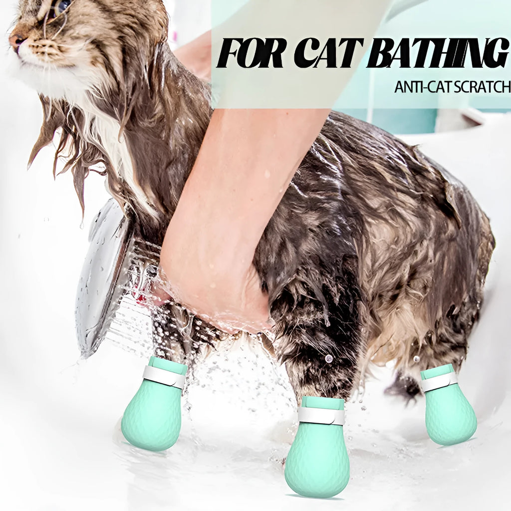 Transparent green silicone cat anti-scratch foot covers showing four protective gloves for pet handling