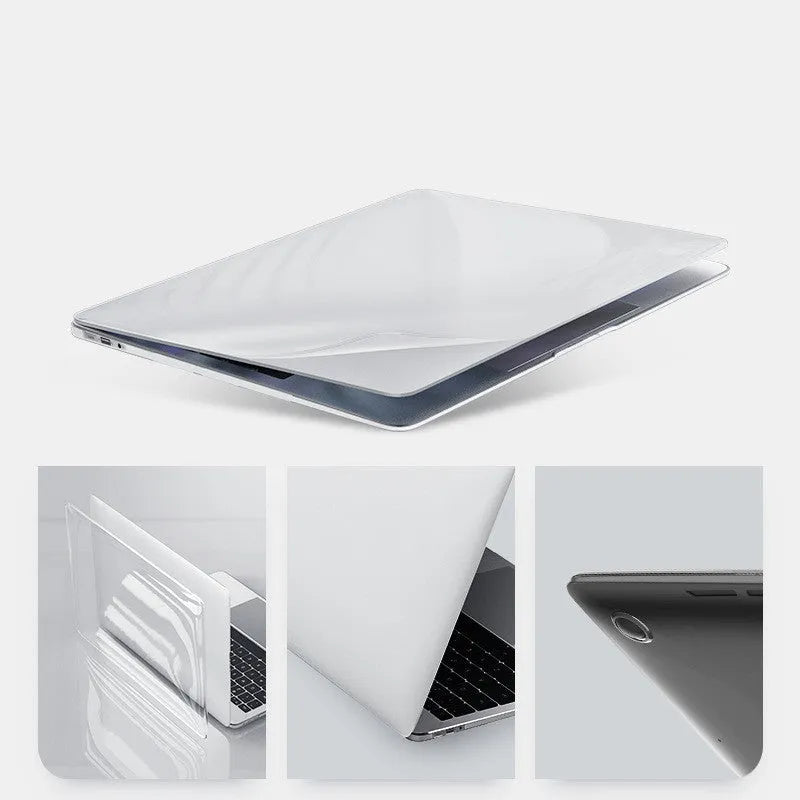 Transparent and black PC hard shell protective case for MacBook Pro 14.2 and 16.2 inch laptops.