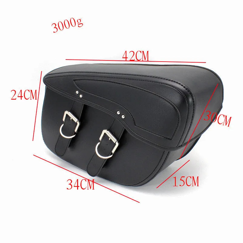 Retro style motorcycle saddle bag in PU leather showing black and brown colour options with 42 cm dimensions