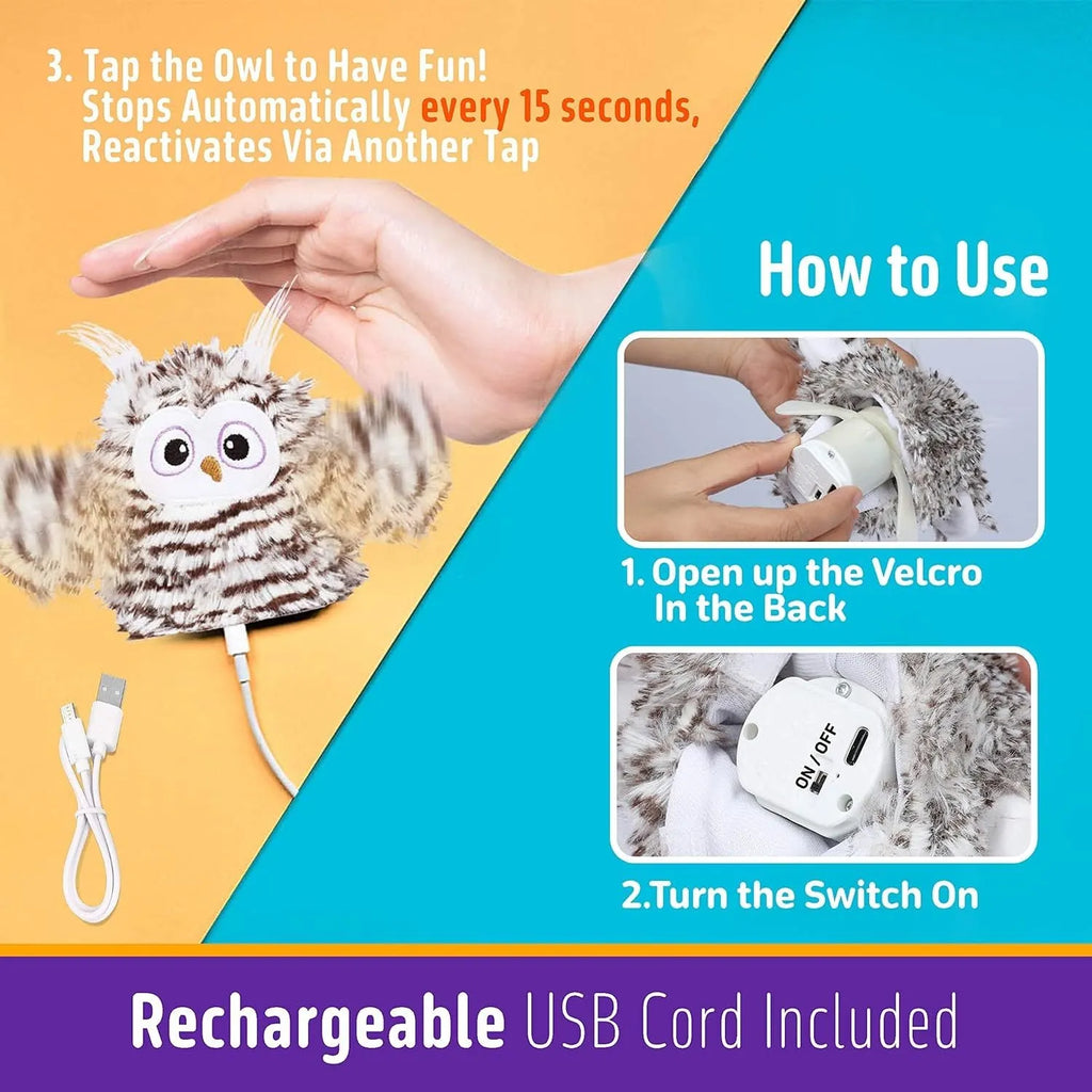 Grey automatic chirping owl cat toy with beating wings, 10x14cm with catnip
