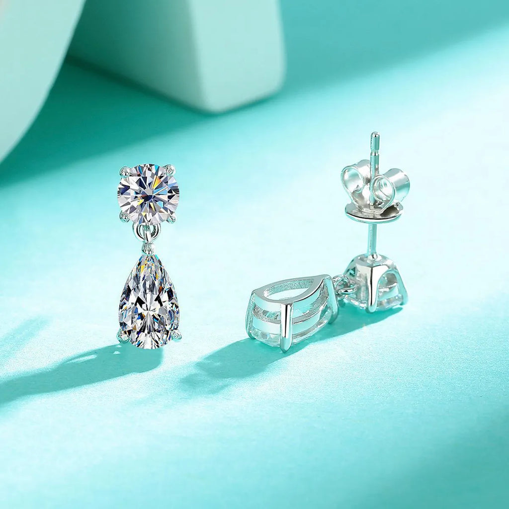 Sterling silver women's earrings with round and water drop moissanite stones