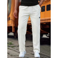 Men's light grey polyester casual trousers laid flat showing front design.