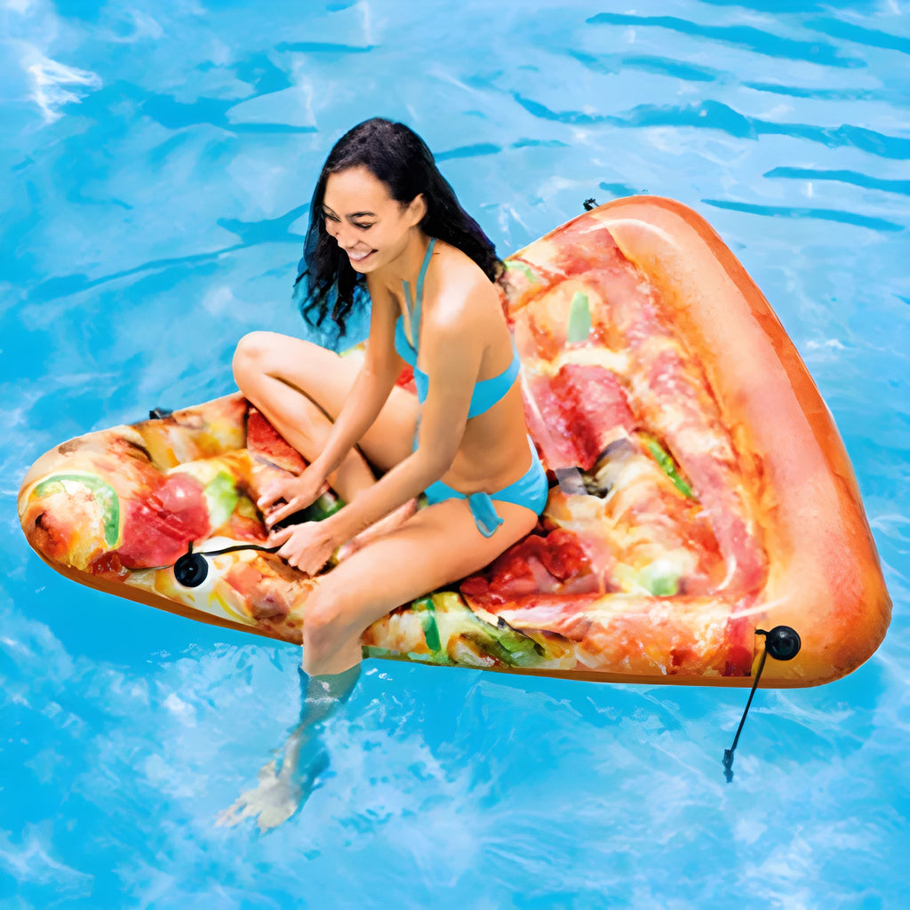Inflatable pizza surfboard float with colourful design, dimensions 175cm by 145cm