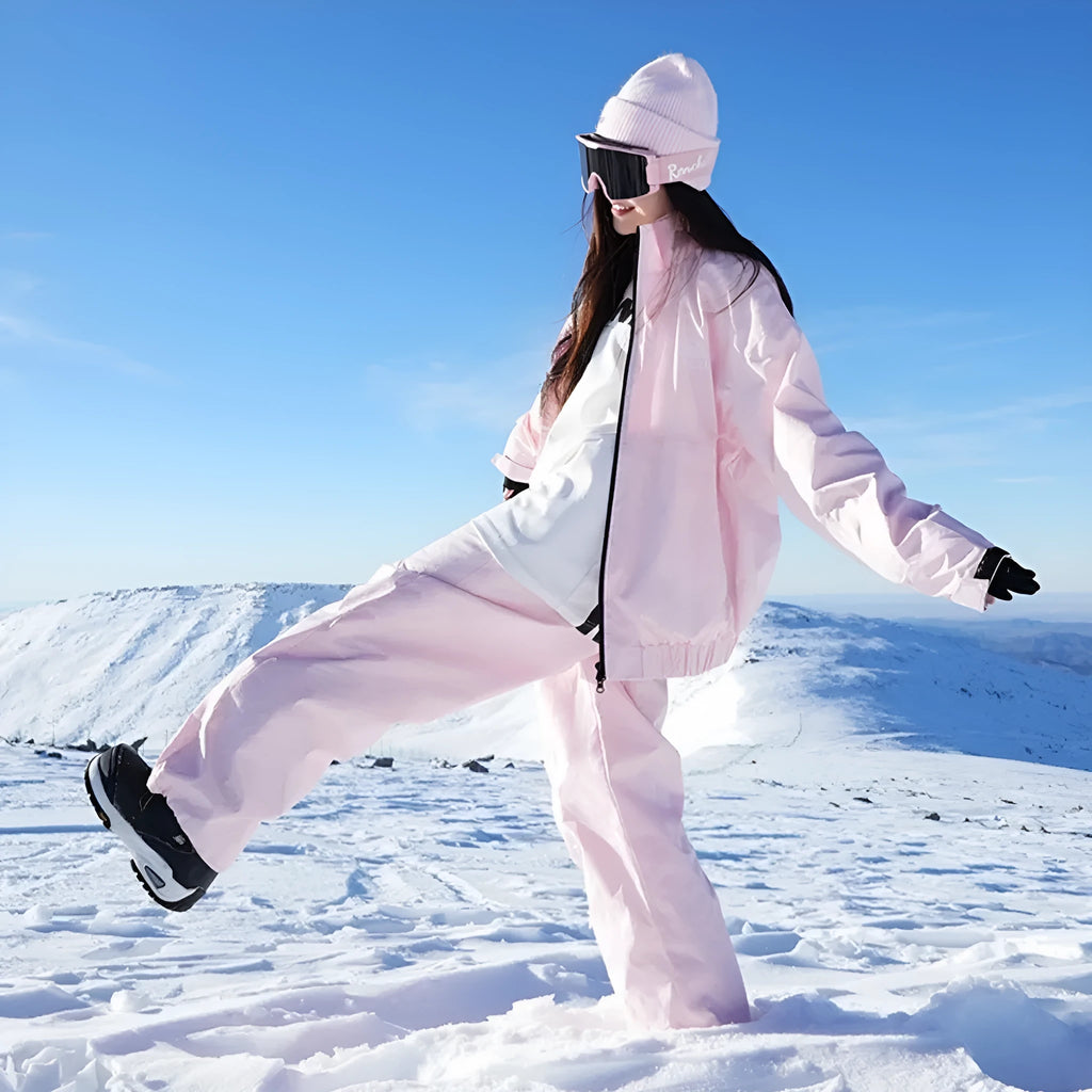 Waterproof cotton blend ski suit set with coat and trousers, pink or black, sizes S to 5XL
