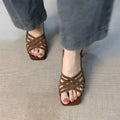 Retro soft leather women's ankle strap high heel sandals with square toe, shown in light brown.