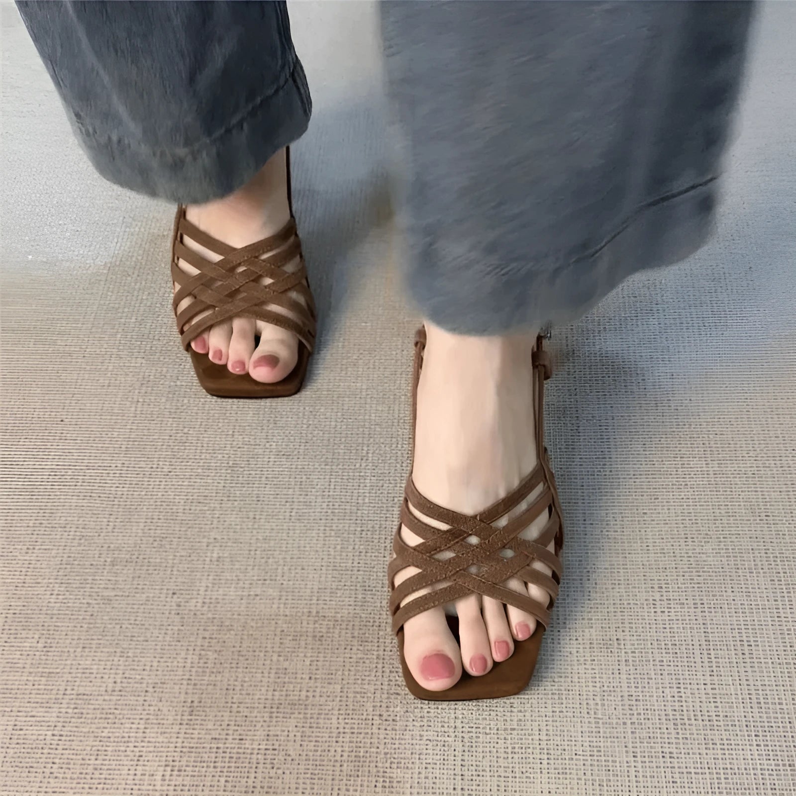 Retro soft leather women's ankle strap high heel sandals with square toe, shown in light brown.