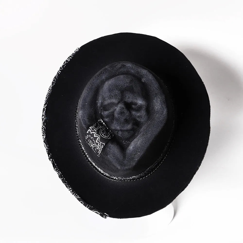 Handmade wool felt denim Halloween skull hat with conical crown in skull design