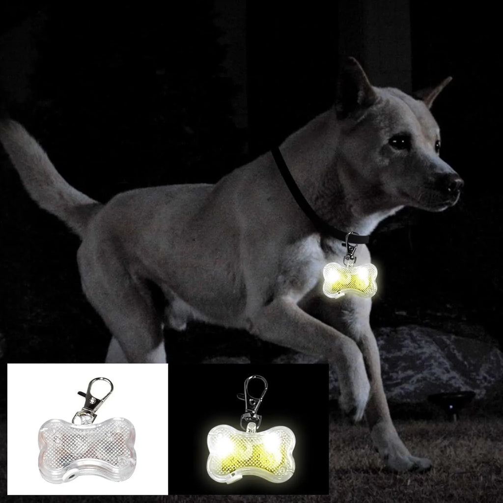 Bone-shaped LED pendant for pet collars in blue, green, orange, red, white, and yellow colours