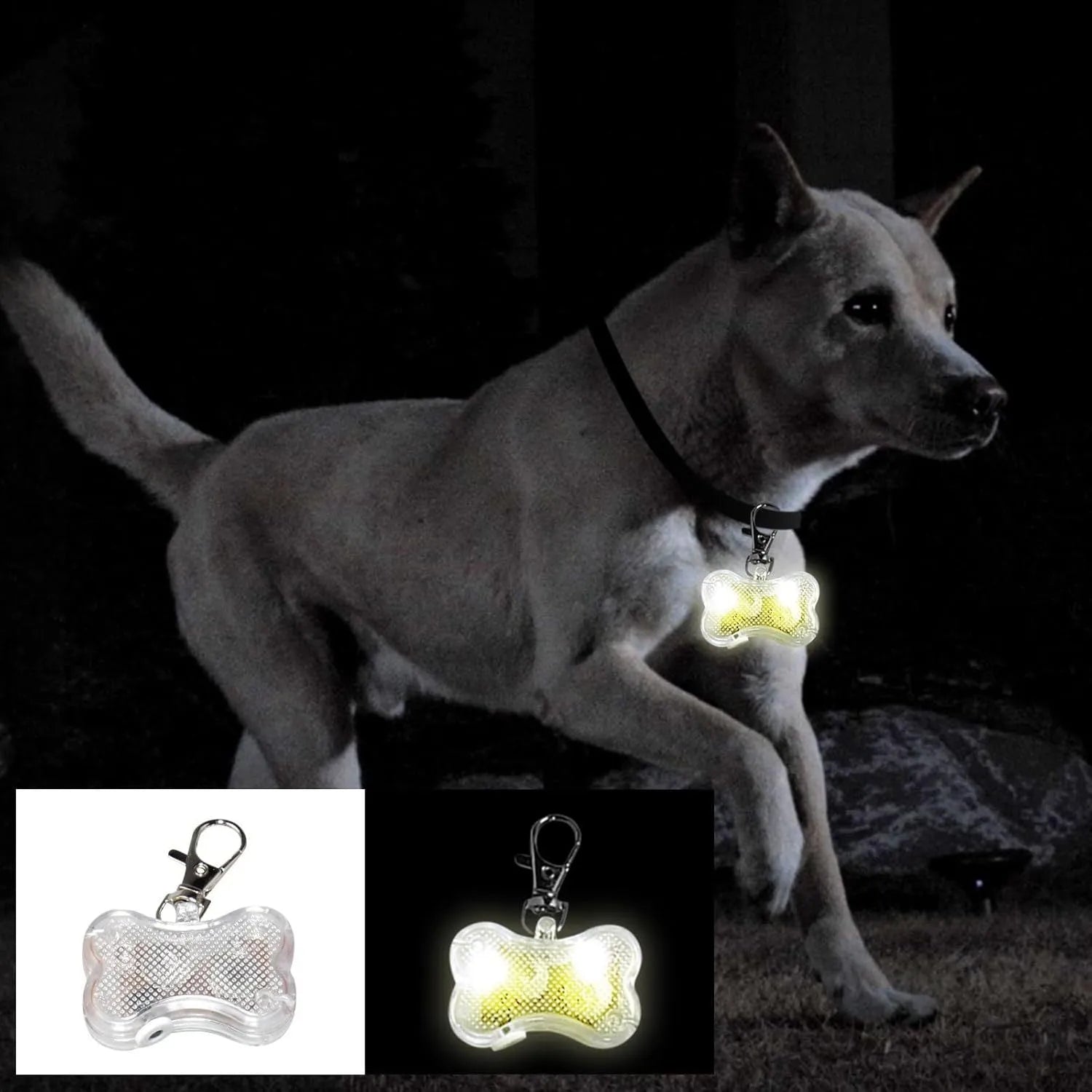 Bone-shaped LED pendant for pet collars in blue, green, orange, red, white, and yellow colours