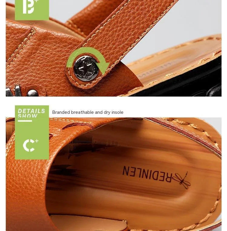 Men's first layer cowhide non-slip beach sandals with open toe in brown colour
