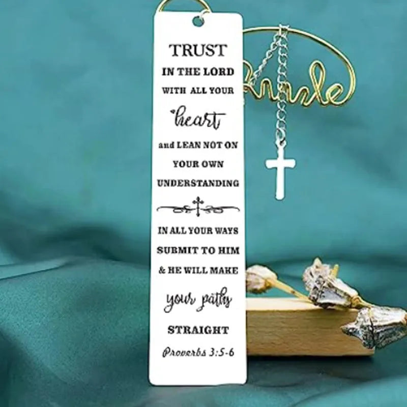 Steel bookmark with an engraved family bible verse design in a metallic finish.