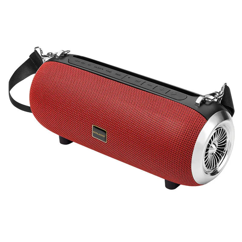 F666 square portable Bluetooth speaker with fabric mesh finish, shoulder strap, and extended FM antenna.