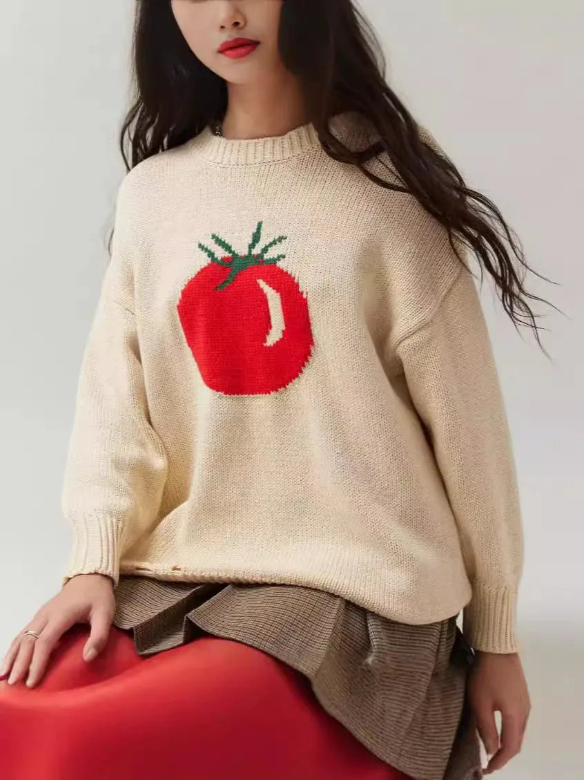 Women's acrylic jacquard pullover sweater with round neck and loose-fitting design in milky white