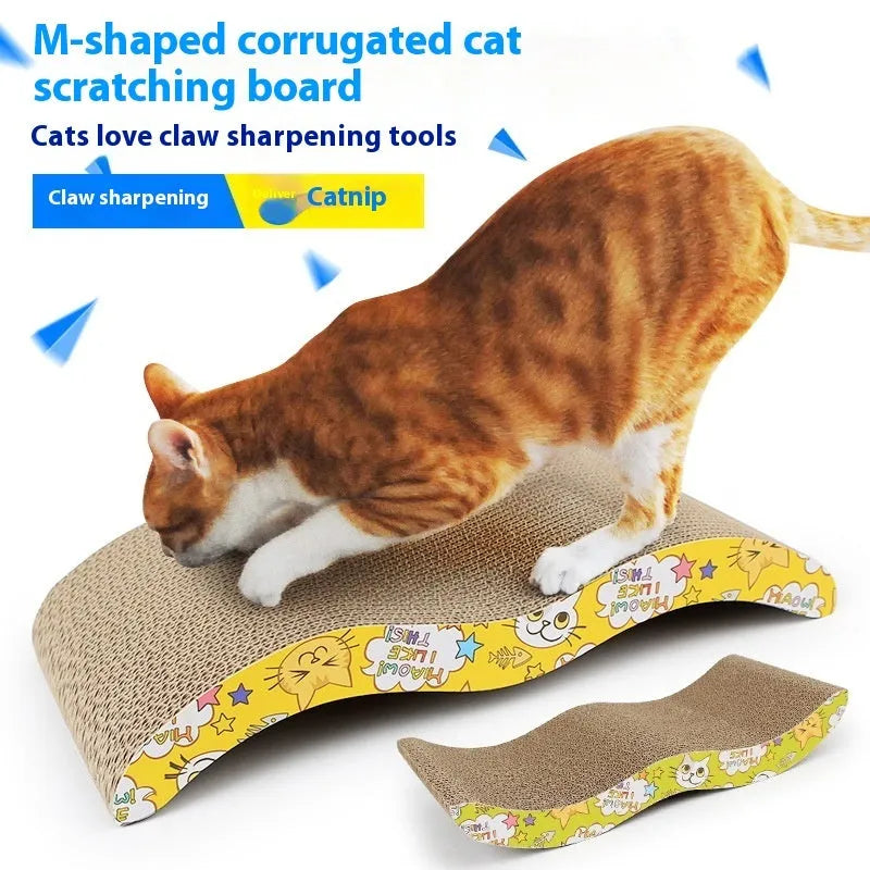 Corrugated paper cat scratch board showing geometric pattern designs including M-type and bone-type shapes