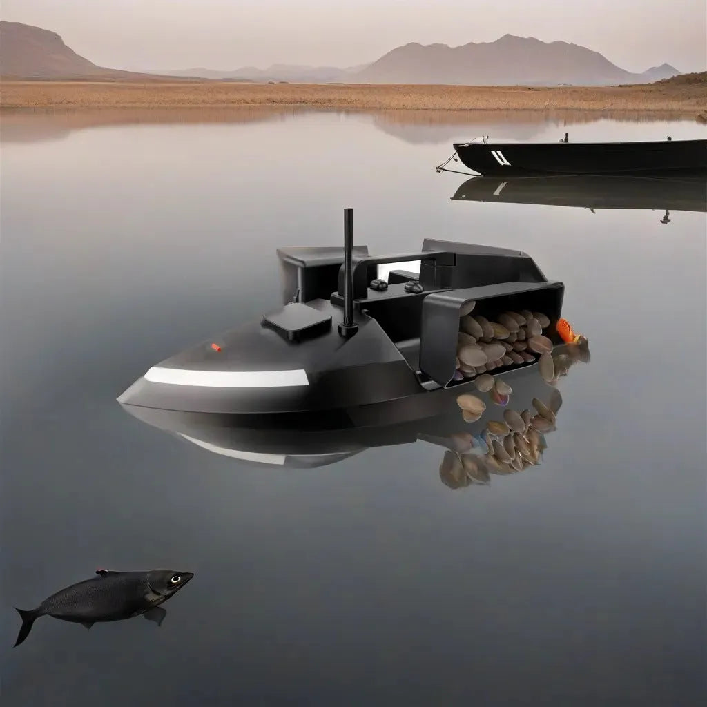 V020 black and luminous yellow GPS remote control fishing boat with remote handset.