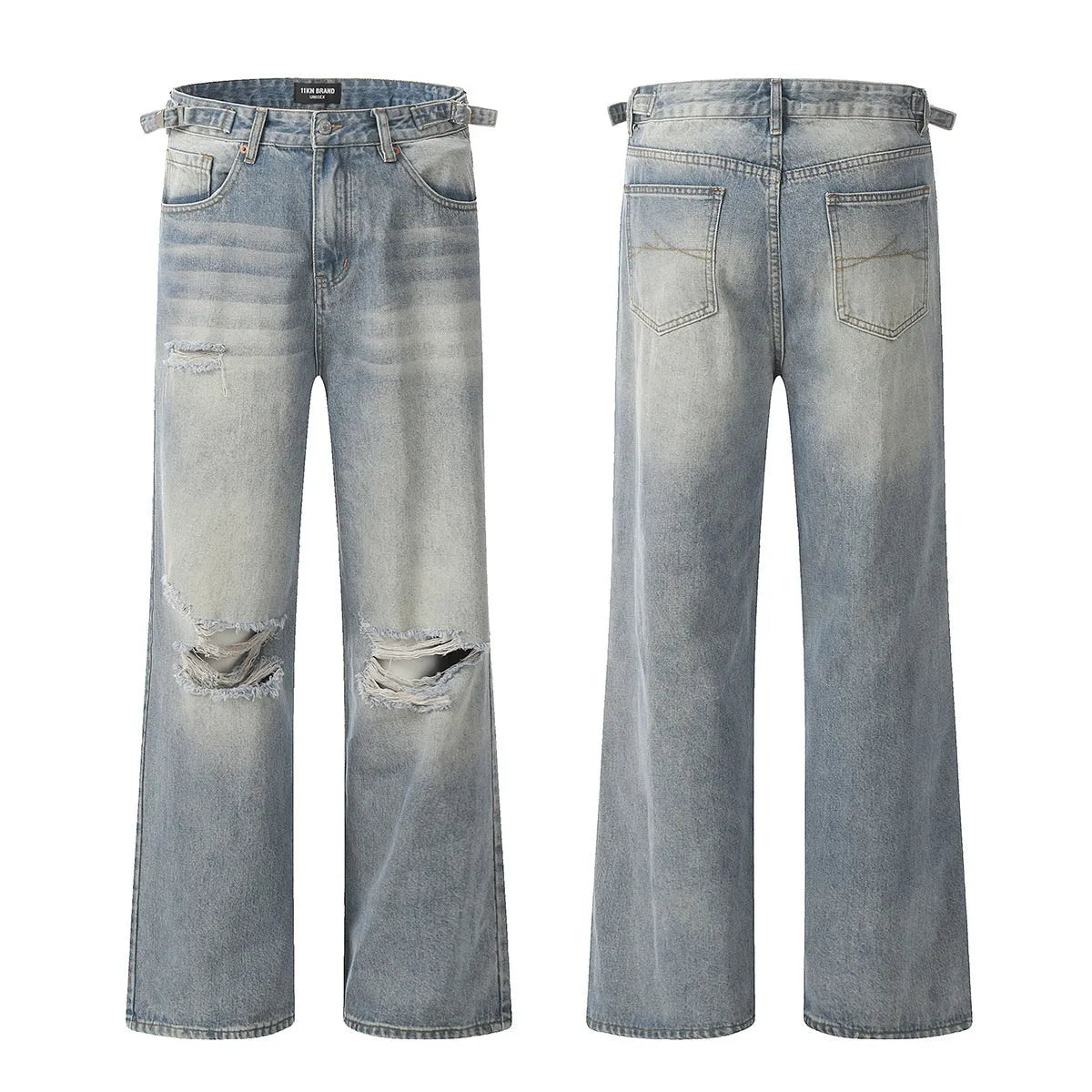 Blue men's straight-leg jeans with ripped details and a zipper fly, showing retro style.