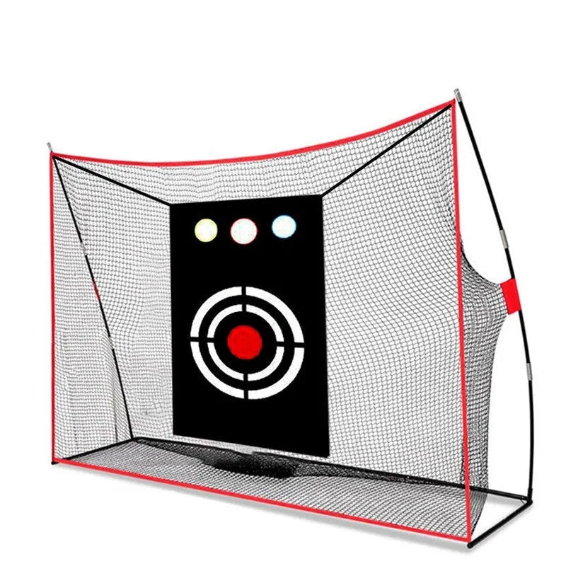 Golf swing wedge training net with three-hole cross design and straw putting mat