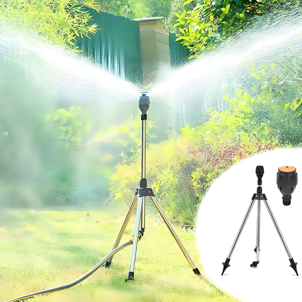 Retractable automatic rotating sprinkler tripod with stainless steel nozzle, 1/2 inch thread, 15°-360° adjustable angle.