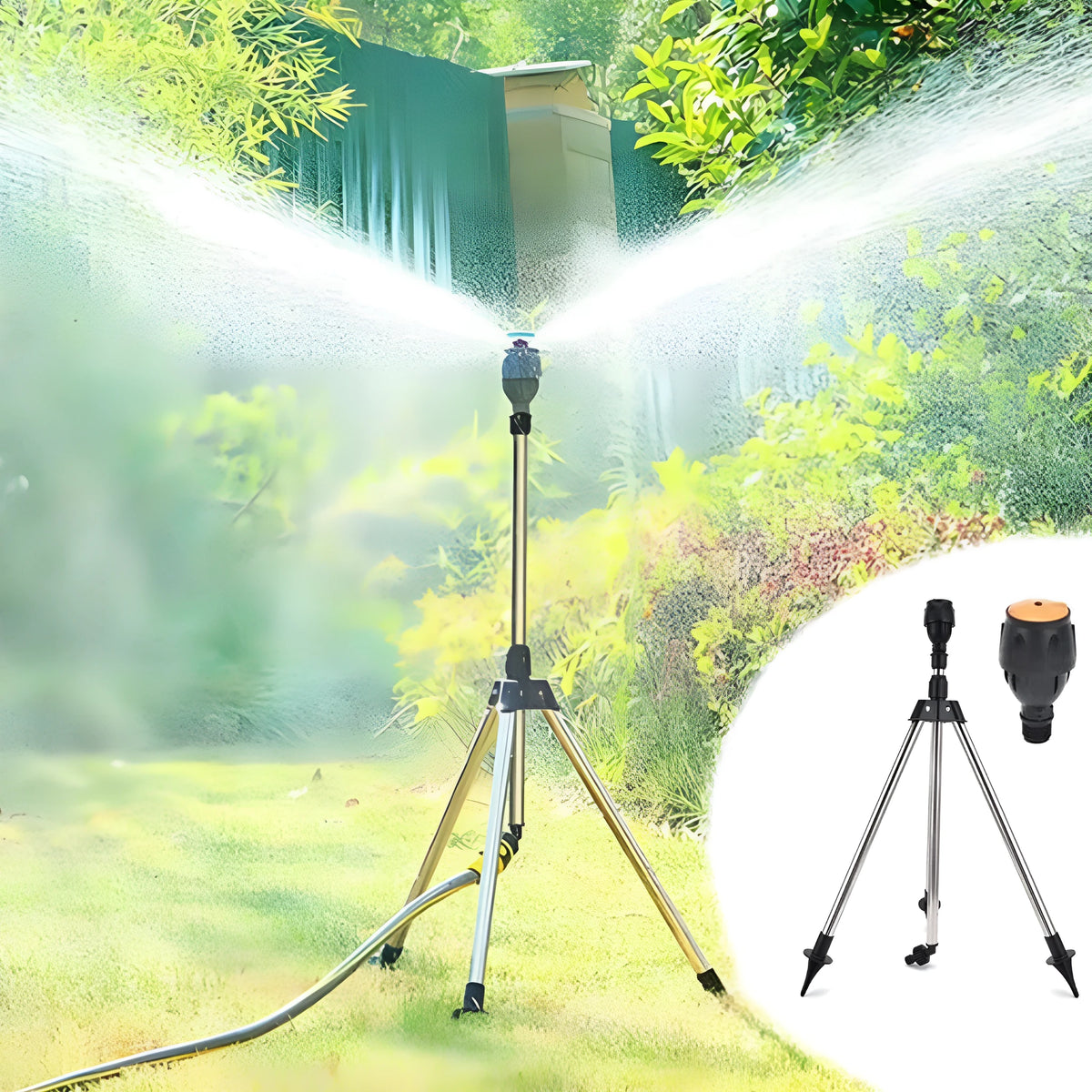 Retractable automatic rotating sprinkler tripod with stainless steel nozzle, 1/2 inch thread, 15°-360° adjustable angle.
