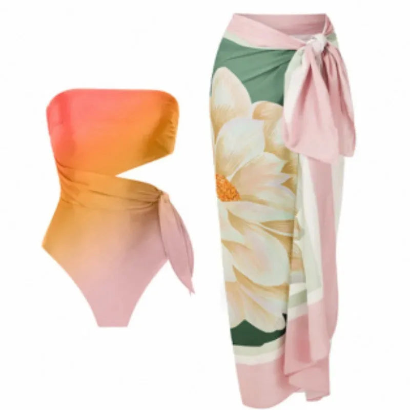 Women's retro print one-piece swimsuit in bikini style on a hanger.