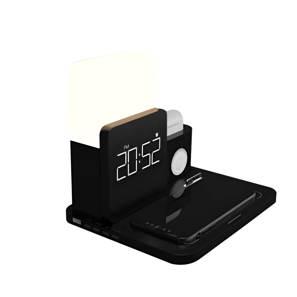 Dark green 3-in-1 wireless charging stand holding a mobile phone and a smartwatch on its integrated mounts.