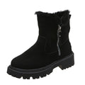 Women's black faux suede snow boots with high top, square heel, and side zipper closure