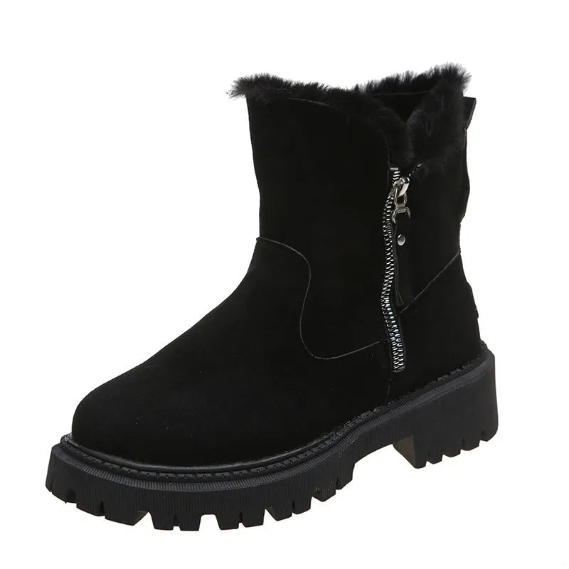 Women's black faux suede snow boots with high top, square heel, and side zipper closure
